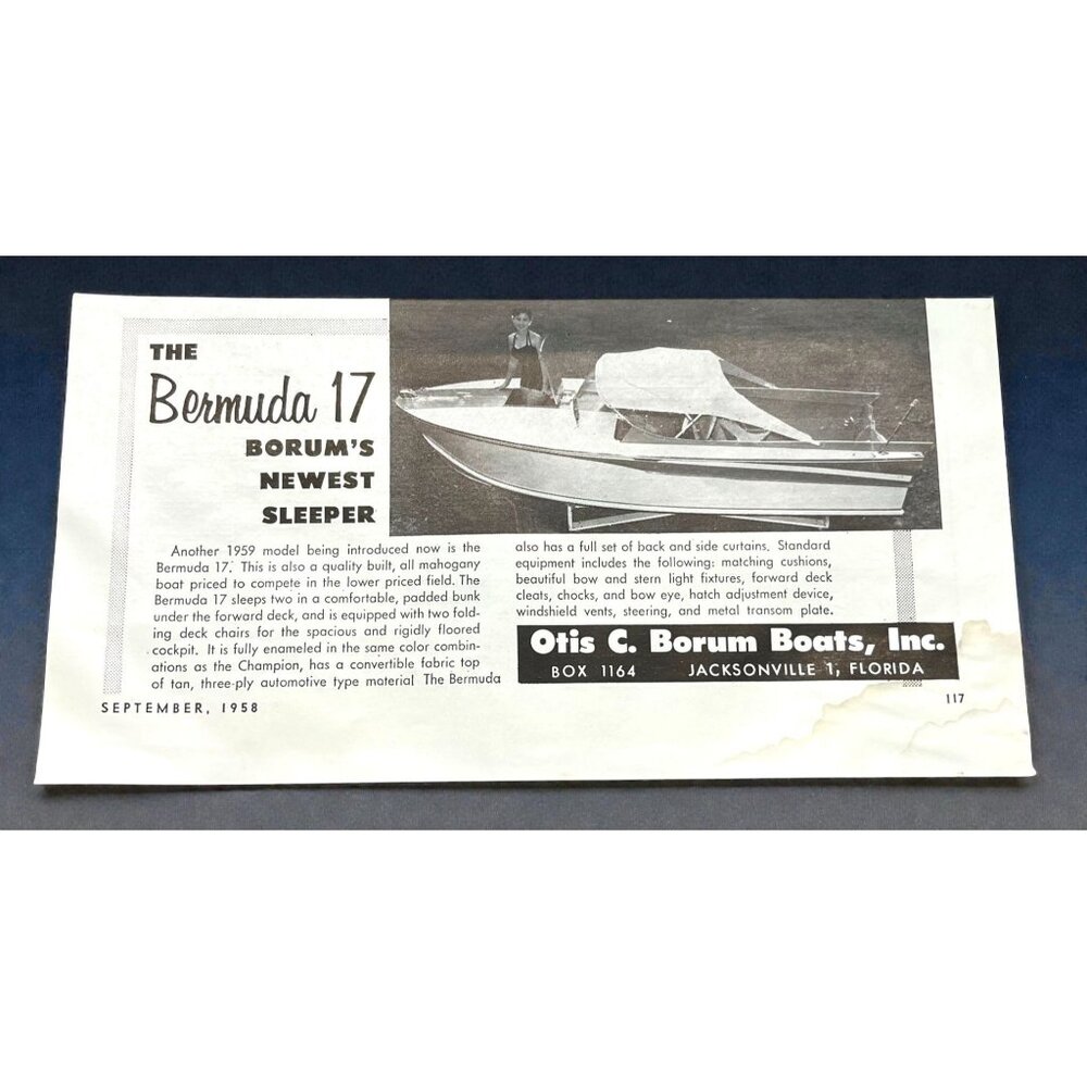 Otis C Borum Bermuda 17 Boat Vintage Print Ad 1950s Jacksonville FL Boating